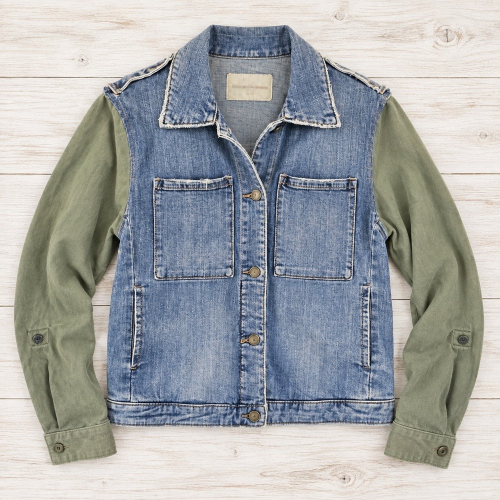 Pilcro and the Letterpress Mixed Media Denim Utility Jacket Olive Green Small